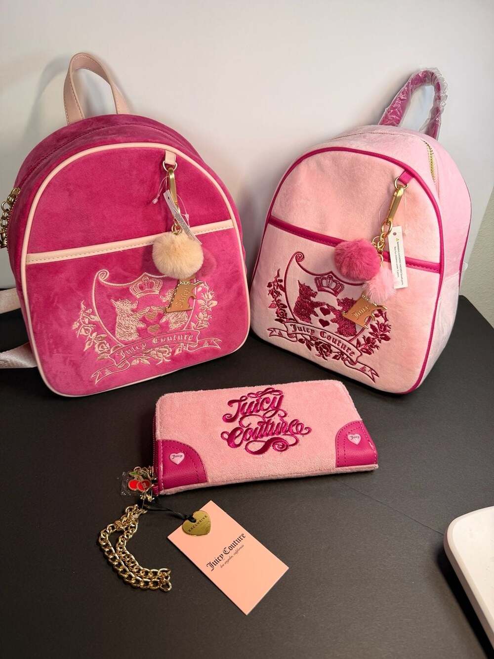 Set 3 Juicy Couture Pink Velvet Scottie Dogs Backpack With Pompom Charm